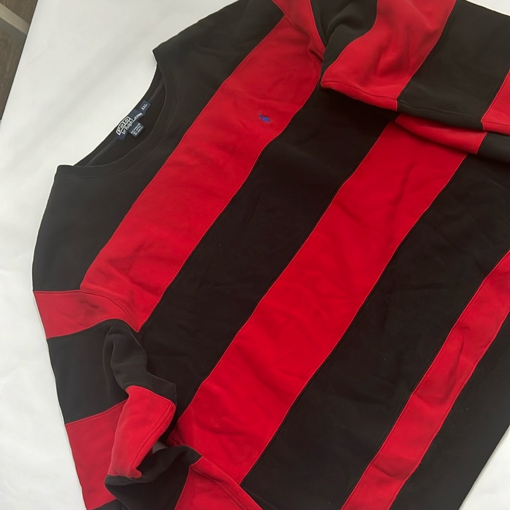 XXL men’s Polo Sweatshirt, pullover, black and red, blue logo, vintage
